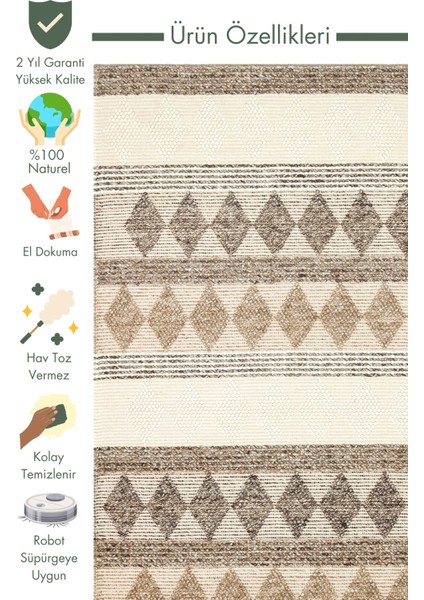 Woolstar %100 Naturel Kazak Desenli Salon Oturma Odası Koridor Antre El Dokuma Örgü Halı Jd 01 Grey