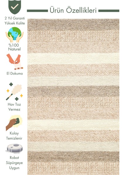 Woolstar %100 Naturel Kazak Desenli Salon Oturma Odası Koridor Antre El Dokuma Örgü Halı Langdon Nat