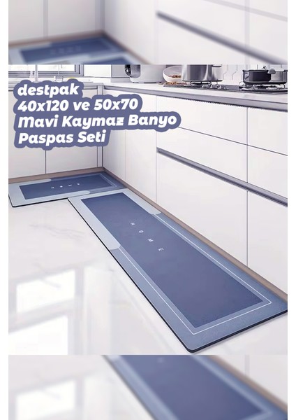 2 Adet Mavi Su Emici Kaymaz Tabanlı Banyo Paspası Seti - Mutfak Tezgah Önü Paspası - 50X70 ve 40X120