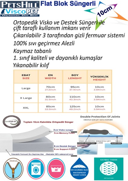 Lüks Visko 10CM Blok Süngerli 100% Sıvı Geçirmez Alezli Fermuarlı Yıkanabilir Köpek Yatağı