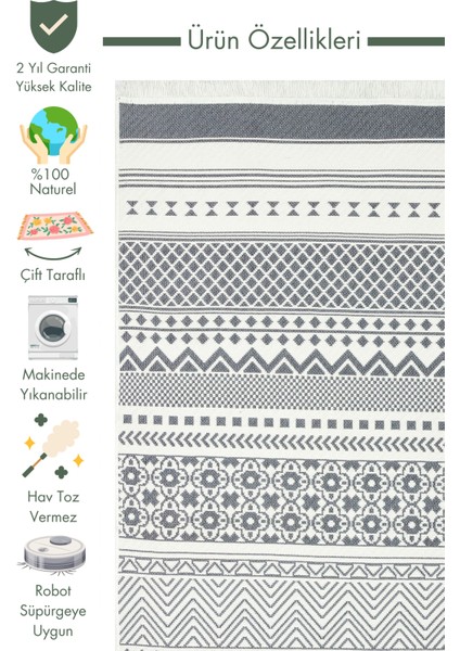Maya %100 Naturel Pamuk Yıkanabilir Çift Taraflı Oturma Odası Mutfak Koridor Modern Kilim 07 Grey