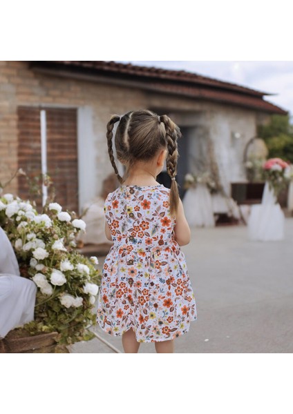 Kız Çocuk Çiçek Desenli Arkası Düğmeli Kolsuz Elbise