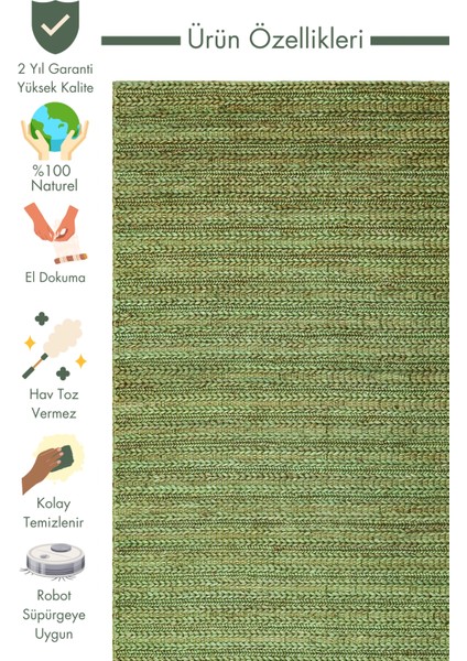 Knit Jüt %100 Naturel Oturma Odası Koridor Antre Mutfak Balkon El Dokuma Halı Trıple Green Xw