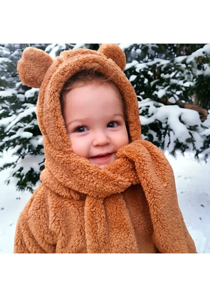 Çocuk Kapüşonlu Peluş Atkı Bere Welsoft Polar Boyunluk