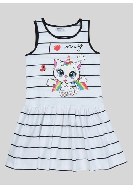Kız Çocuk Kedi Baskılı Çizgili Elbise