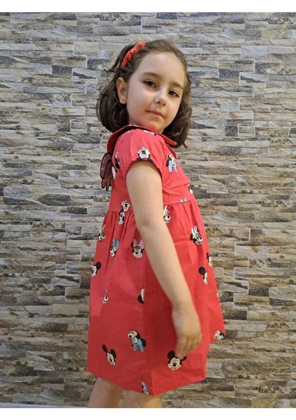 Minnie Nakışlı Kız Çocuk Pembe Elbise