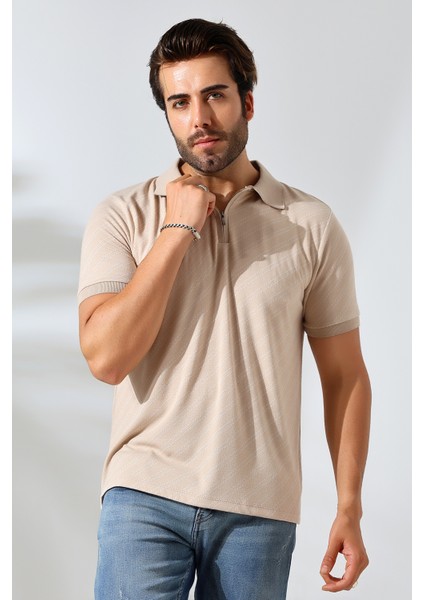 Moreno Erkek Yumuşak Dokulu Regular Fit Verev Diagonal Jakar Polo Yaka Fermuarlı T-Shirt & T-Shirt