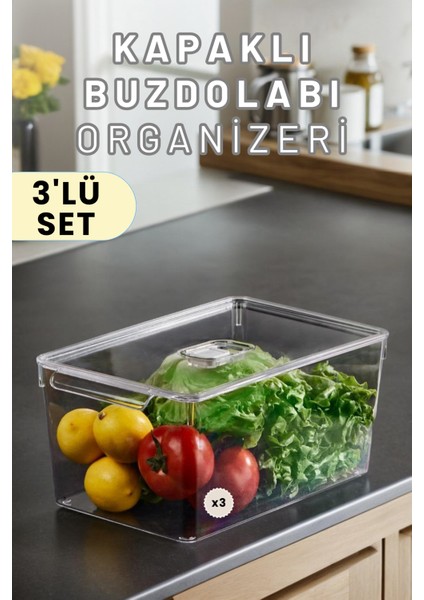 Buzdolabı Dolapiçi Düzenleyici Organizer Kapaklı 3'lü Set (Maxi)