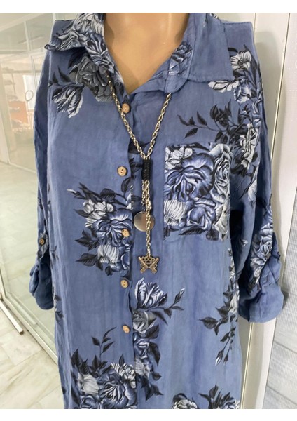 Italyan Gömlek Yaka Uzun Kol Dijital Baskılı Keten Elbise modelleri