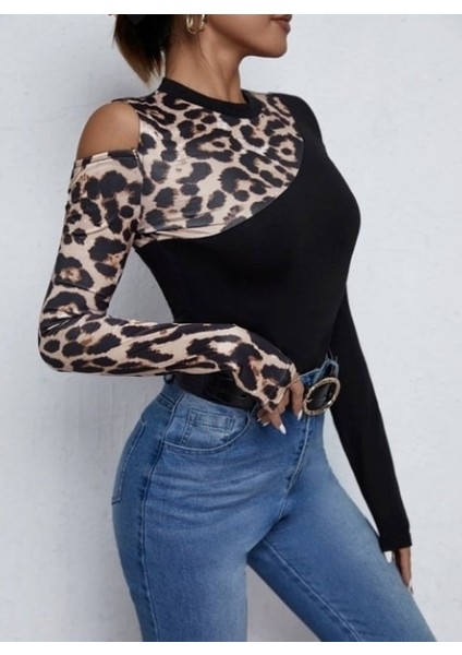 Leopar Detaylı Balıkçı Yaka Siyah Bluz