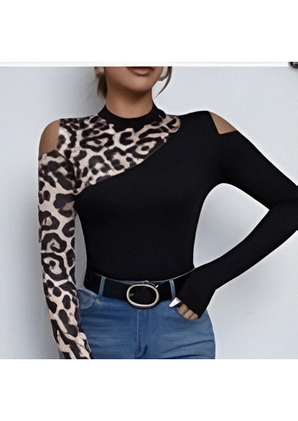 Leopar Detaylı Balıkçı Yaka Siyah Bluz fiyatları