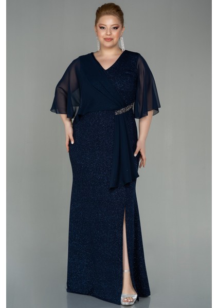 Şifon Kısa Kol Uzun Simli Büyük Beden Abiye ABU2979