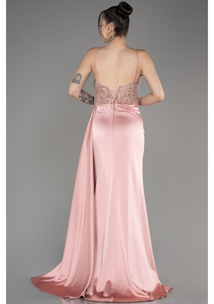 Üstü Işlemeli Bacak Dekolteli Uzun Saten Abiye ABU3875 fiyatları