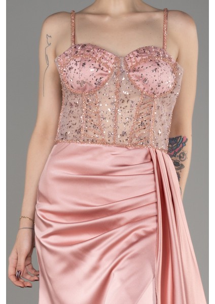 Üstü Işlemeli Bacak Dekolteli Uzun Saten Abiye ABU3875 modelleri