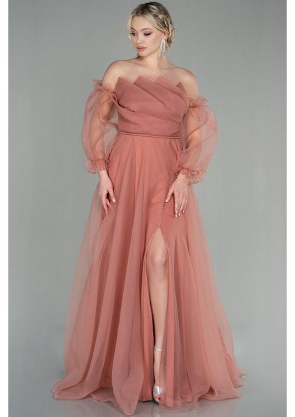 Uzun Kol Dalya Abiye Elbise ABU2076