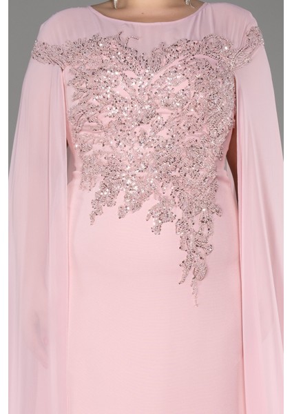 Şifon Uzun Kol Işlemeli Büyük Beden Abiye ABU3913 modelleri