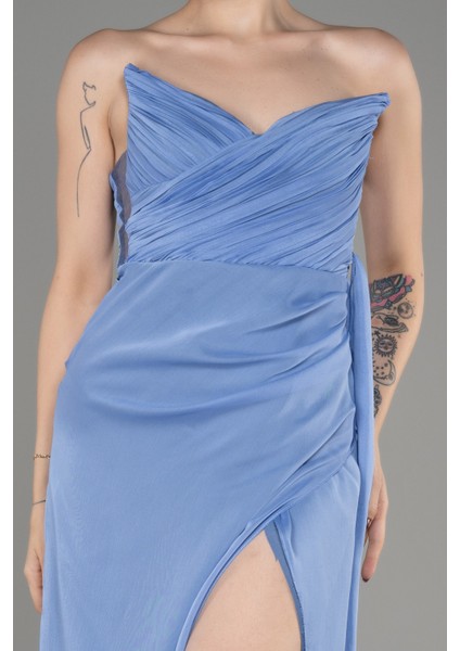 Straplez Bacak Dekolteli Uzun Şifon Abiye ABU3947 modelleri