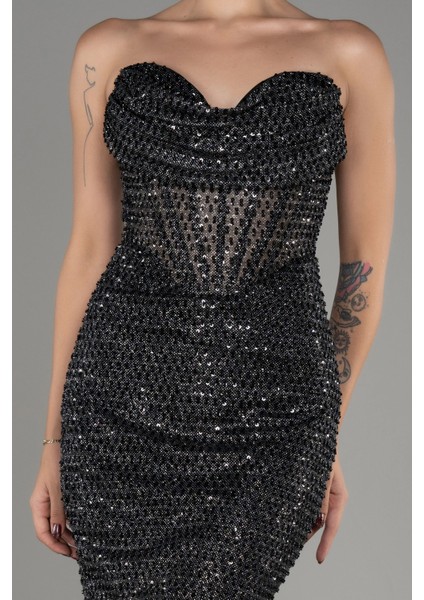 Straplez Balen Korse Detay Pullu Balık Abiye ABU3970 modelleri