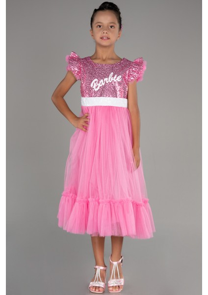 Tokalı Üstü Pullu Barbie Kız Çocuk Abiye ABU4031