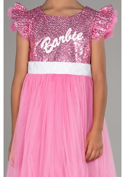 Tokalı Üstü Pullu Barbie Kız Çocuk Abiye ABU4031