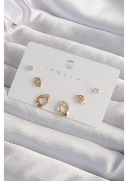 Pirinç Gold Renk Zirkon Taşlı Yaprak Model Küpe Seti