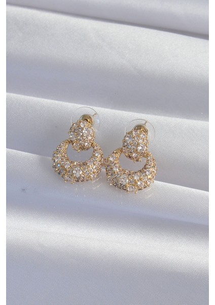 Mulvxxmd XDN02 Pirinç Gold Renk Zirkon Taşlı Oval Form Küpe (Mulvix)