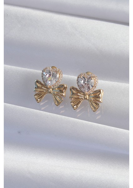 Mulvxxmd XDN02 Pirinç Gold Renk Zirkon Taşlı Kalp Model Fiyonk Küpe (Mulvix)