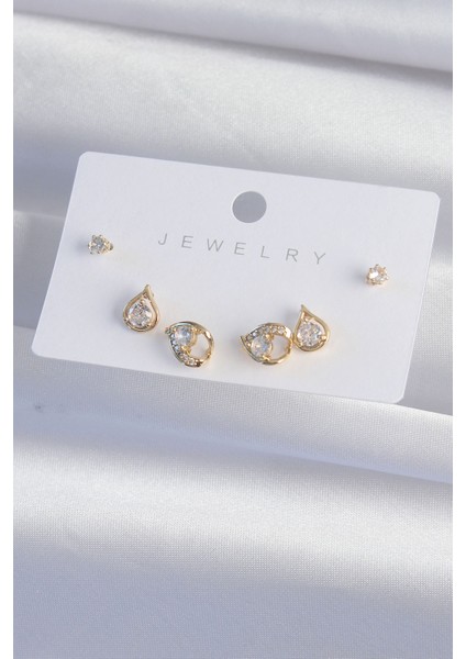 Mulvxxmd XDN02 Pirinç Gold Renk Zirkon Taşlı Damla Model Küpe Seti (Mulvix)