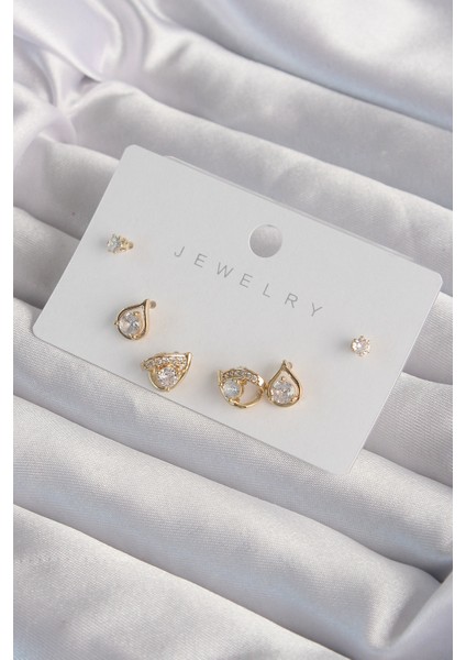 Mulvxxmd XDN02 Pirinç Gold Renk Zirkon Taşlı Damla Model Küpe Seti (Mulvix)
