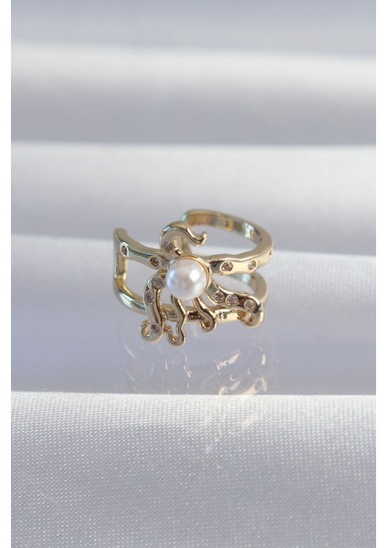 Mulvxxmd XDN02 Pirinç Gold Renk Incili Ahtapot Earcuff Küpe (Mulvix)