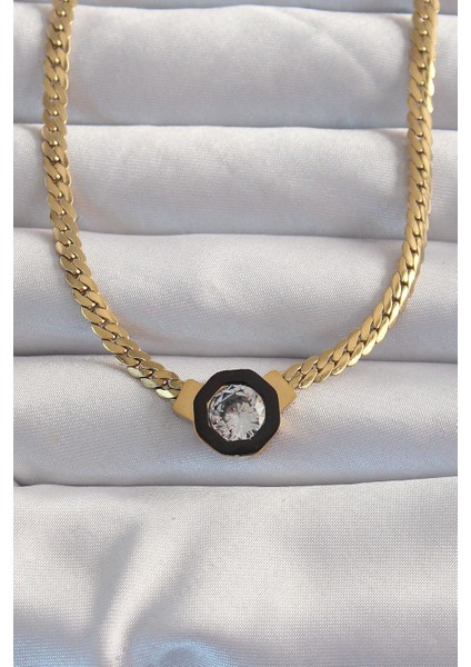 Mulvxxmd XDN02 Çelik Gold Renk Ezme Zincir Zirkon Taşlı Mineli Serenay Kolyesi (Mulvix)