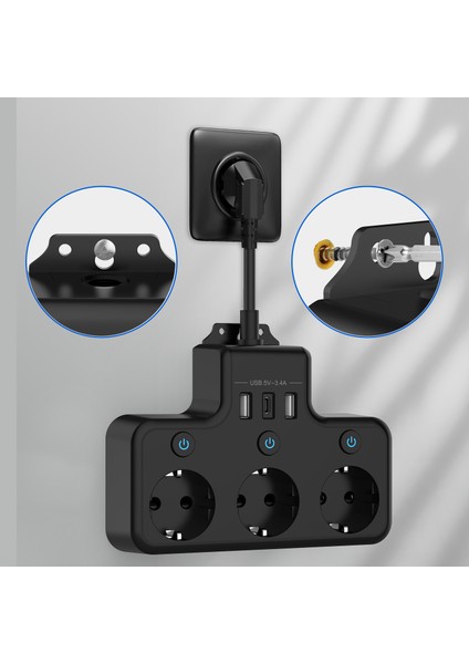Yeni Nesil 4000W 3 x Usb, 1 x Type-C 8 In 1 Duvar Priz Termal Akım Korumalı Priz 4'lü (Yurt Dışından)