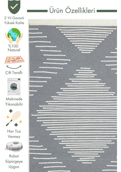 Maya %100 Naturel Pamuk Yıkanabilir Çift Taraflı Oturma Odası Mutfak Koridor Modern Kilim 15 Grey