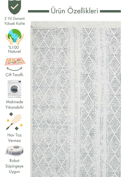 Maya %100 Naturel Pamuk Yıkanabilir Çift Taraflı Oturma Odası Mutfak Koridor Modern Kilim 01 Grey