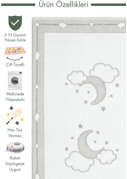 Baby Moon Pamuklu Yıkanabilir Çift Taraflı Yumuşak Dokulu Ince Çocuk Bebek Odası Halısı 01 Grey