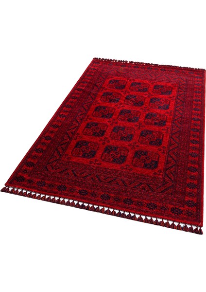 Uygur Afgan Yağcıbedir Desenli Yıkanabilir Kaymaz Oturma Odası Salon Koridor Ince Dokuma Halı 01 Red