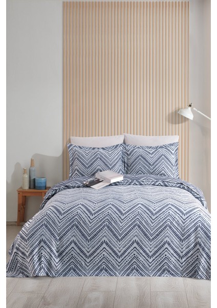 Petra Keten Görünümlü Yatak Örtüsü Seti 3 Parça Çift Kişilik Lacivert