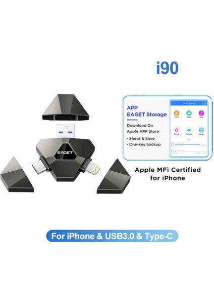 i90 MFİ Apple Lisanslı 256Gb.3ü 1 Arada Usb+Type-C+İphone Lightning Flash Bellek Usb 3.0 Süper Hızlı Tüm Telefon Tablet Bilgisayar İpad için Uygundur Minik Metal Sağlam Orjinal
