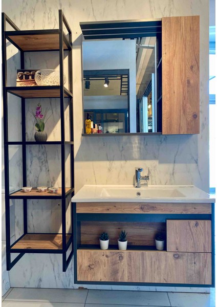 Atlantik Çam-Antrasit Gri Mat Mdf Seramik Lavabolu Asma Banyo Dolabı Takımı