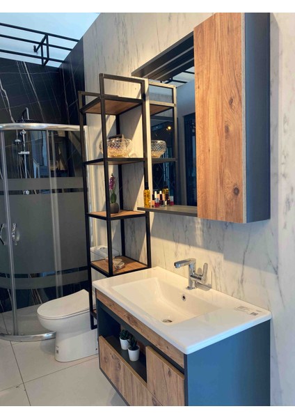 Atlantik Çam-Antrasit Gri Mat Mdf Seramik Lavabolu Asma Banyo Dolabı Takımı