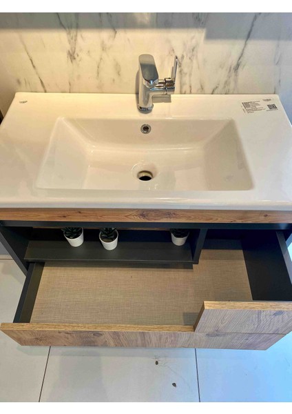 Atlantik Çam-Antrasit Gri Mat Mdf Seramik Lavabolu Asma Banyo Dolabı Takımı