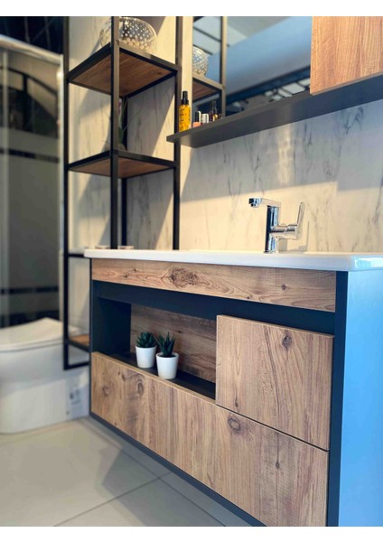 Atlantik Çam-Antrasit Gri Mat Mdf Seramik Lavabolu Asma Banyo Dolabı Takımı