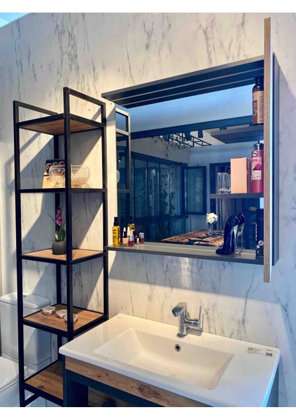 Atlantik Çam-Antrasit Gri Mat Mdf Seramik Lavabolu Asma Banyo Dolabı Takımı