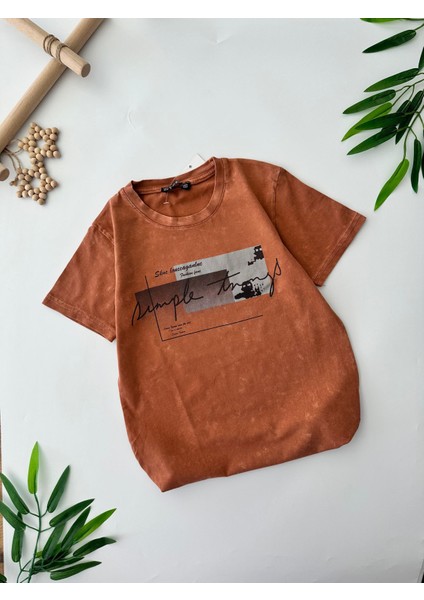 Garson Boy Erkek Çocuk Eskitme Desen Tşört - Kiremit