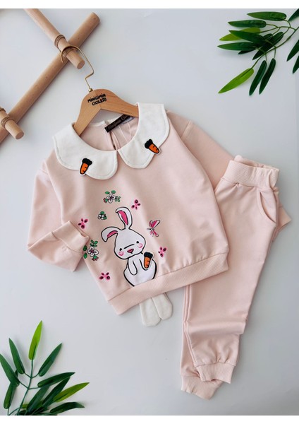 Tavşan Baskılı Havuç Işleme Kız Çocuk Eşofman takımı - Bej