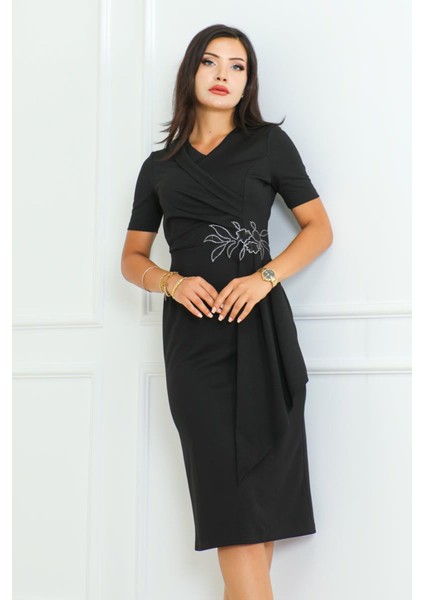 Kemeri Taşlı Asimetrik Abiye Kalem Elbise fiyatları