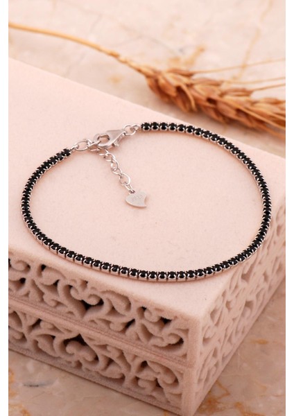 Su Yolu 2 mm Oniks Taşlı Rodyumlu Gümüş Bileklik 4645