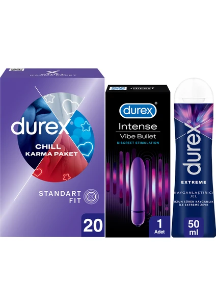 Chill Prezervatif 20’li + Durex Intense Vibe Bullet Titreşimli Vibratör + Durex Extreme Jel 50 ml