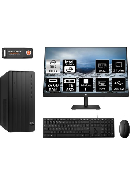 Pro Tower 290 G9 Intel Core I7 13700 24GB 1tb SSD 21.5" Fhd Monitör 8T2X2ES W11P Masaüstü Bilgisayar & Per4 USB Bellek 8T2X2ESMNT423