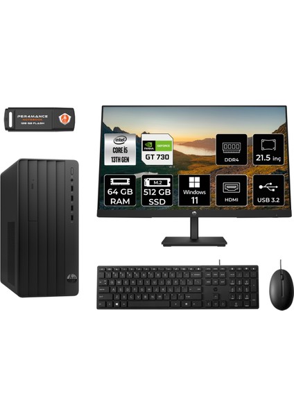 Pro Tower 290 G9 Intel Core I5 13500 64GB 512GB SSD GT730/4GB 21.5" Fhd Monitör W11H 8T2W9ES Masaüstü Bilgisayar & Per4 USB Bellek 8T2W9ESMNT2397